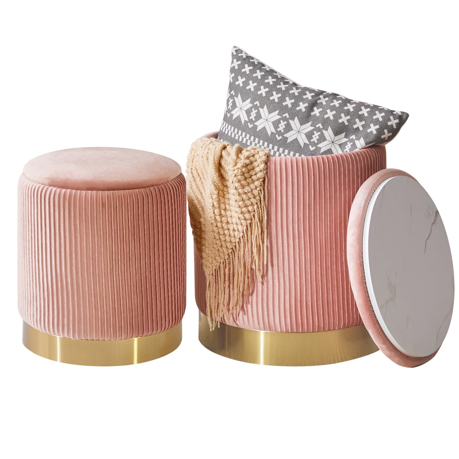 IBUYKE Set of 2 Round Ottoman with Storage & Metal ring decoration, Velvet Vanity Stool for Makeup, Modern Padded Seat Coffee Table, Multipurpose