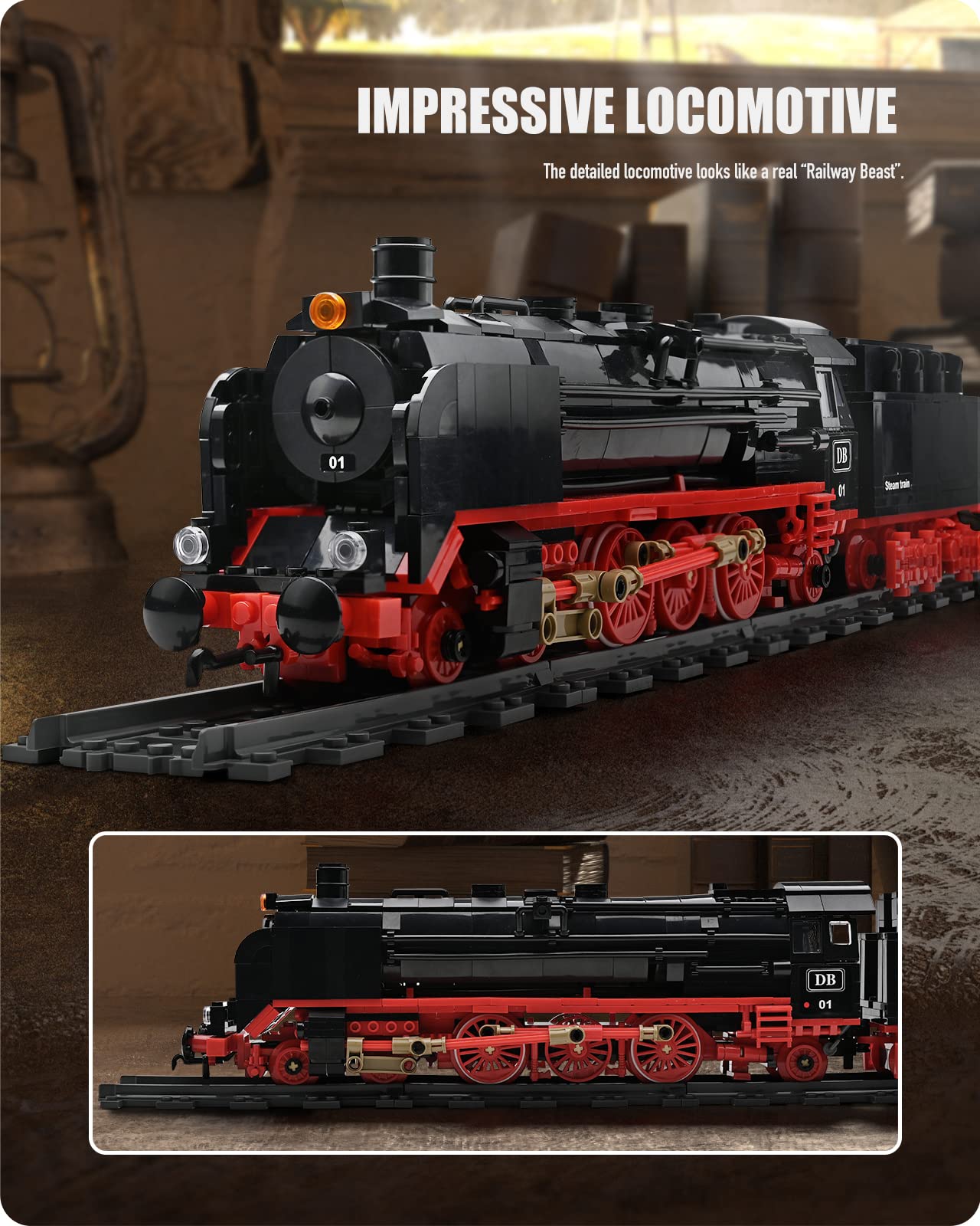 Nifeliz Retro Steam Train Express Model Building Blocks with Rails, Locomotive Set Railway Construction Toy, Gift for Adults and Boys (1173 Pieces)