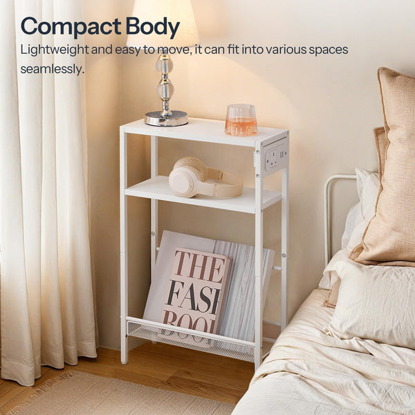 HOOBRO Slim Side Table with Charging Station, Narrow Side Table with USB Ports and Power Outlet, 42 x 18 x 65 cm, 3-Tier End Table for Small Space,