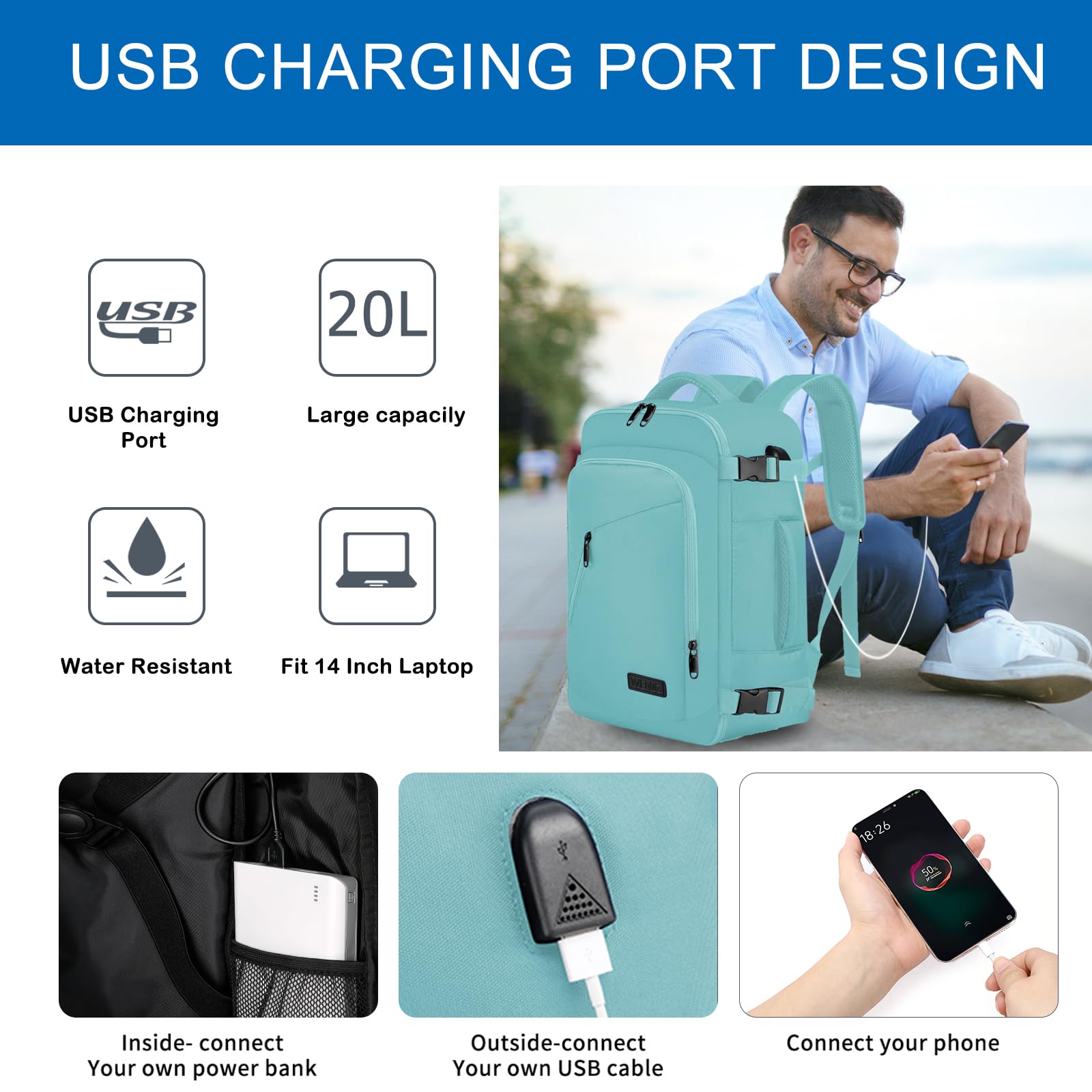 Cabin Bags 40x20x25 for Ryanair Underseat 20L Small Travel Hand Luggage Backpack Carry-ons Bag Cabin Size for Airplanes Flight Bag Travel Rucksack Fit 14 Inch Laptop with USB Charging Port-Black