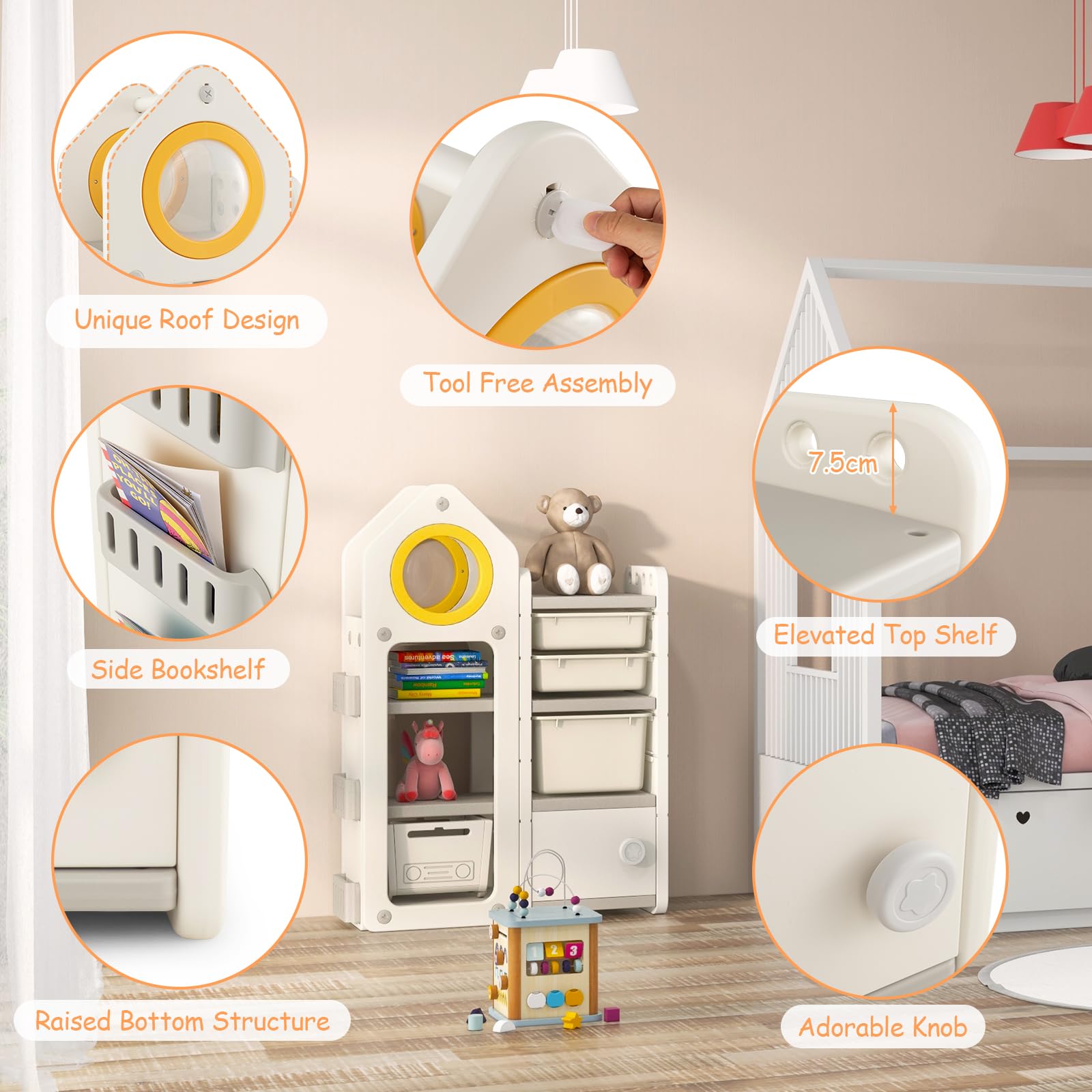 COSTWAY Kids Storage Units, Children Toy Organizer with Plastic Bins, Pull-Out Drawers and Door Cabinet, Toddler Storage Chest for Nursery Playroom Bedroom (Car Shape, 112 x 35 x 66cm)