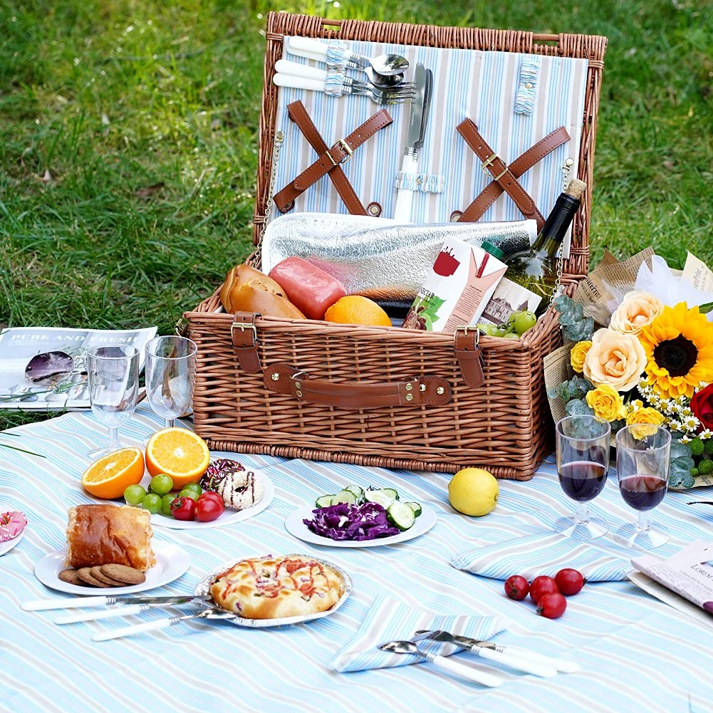 HappyPicnic Wicker Picnic Basket Set for 4 Persons - Large Willow Hamper with Large Insulated Cooler Compartment, Free Waterproof Blanket and Cutlery