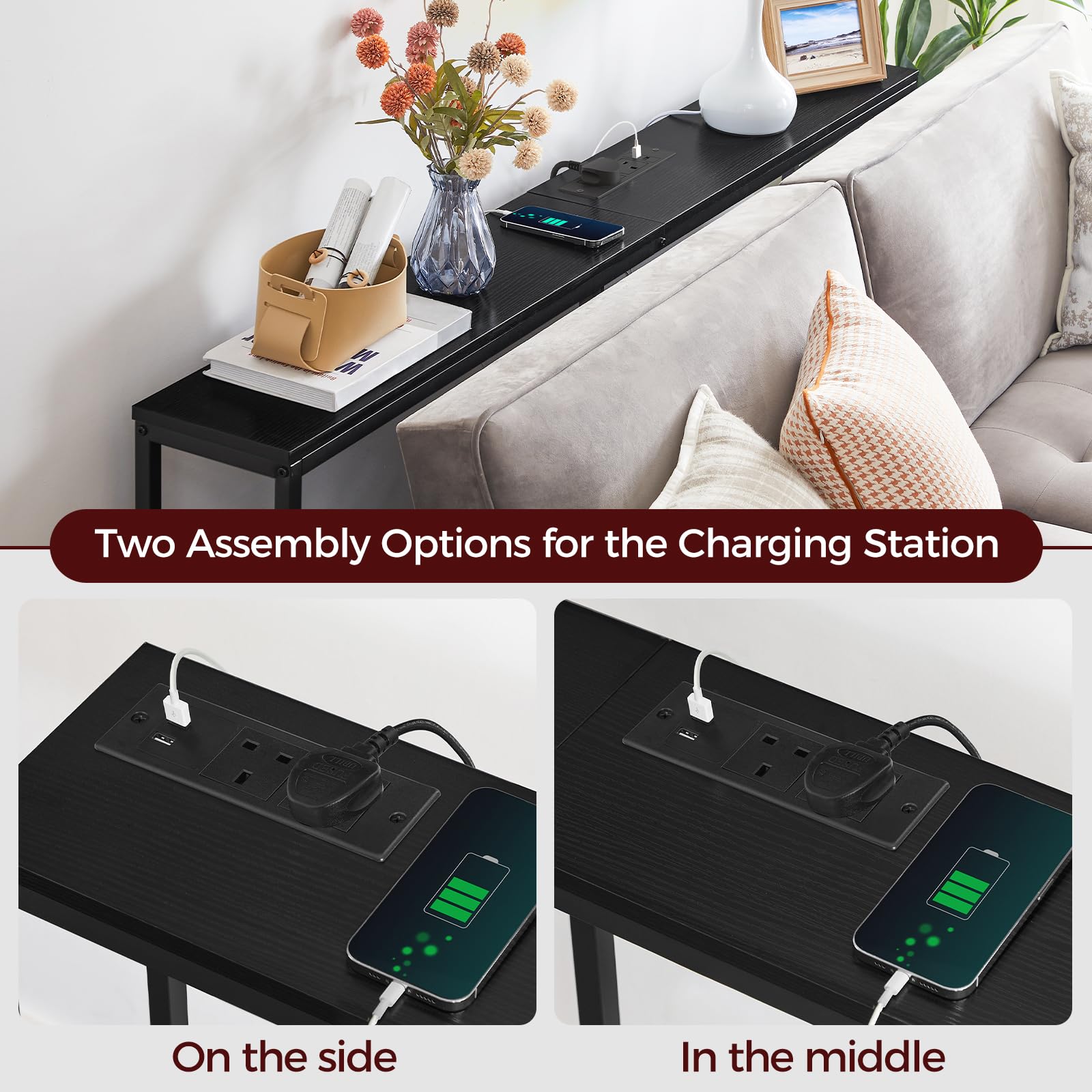 MAHANCRIS Console Table with Power Outlet, 180 CM Narrow Sofa Table, Industrial Entryway Table with USB Ports, Behind Couch Table for Entryway,