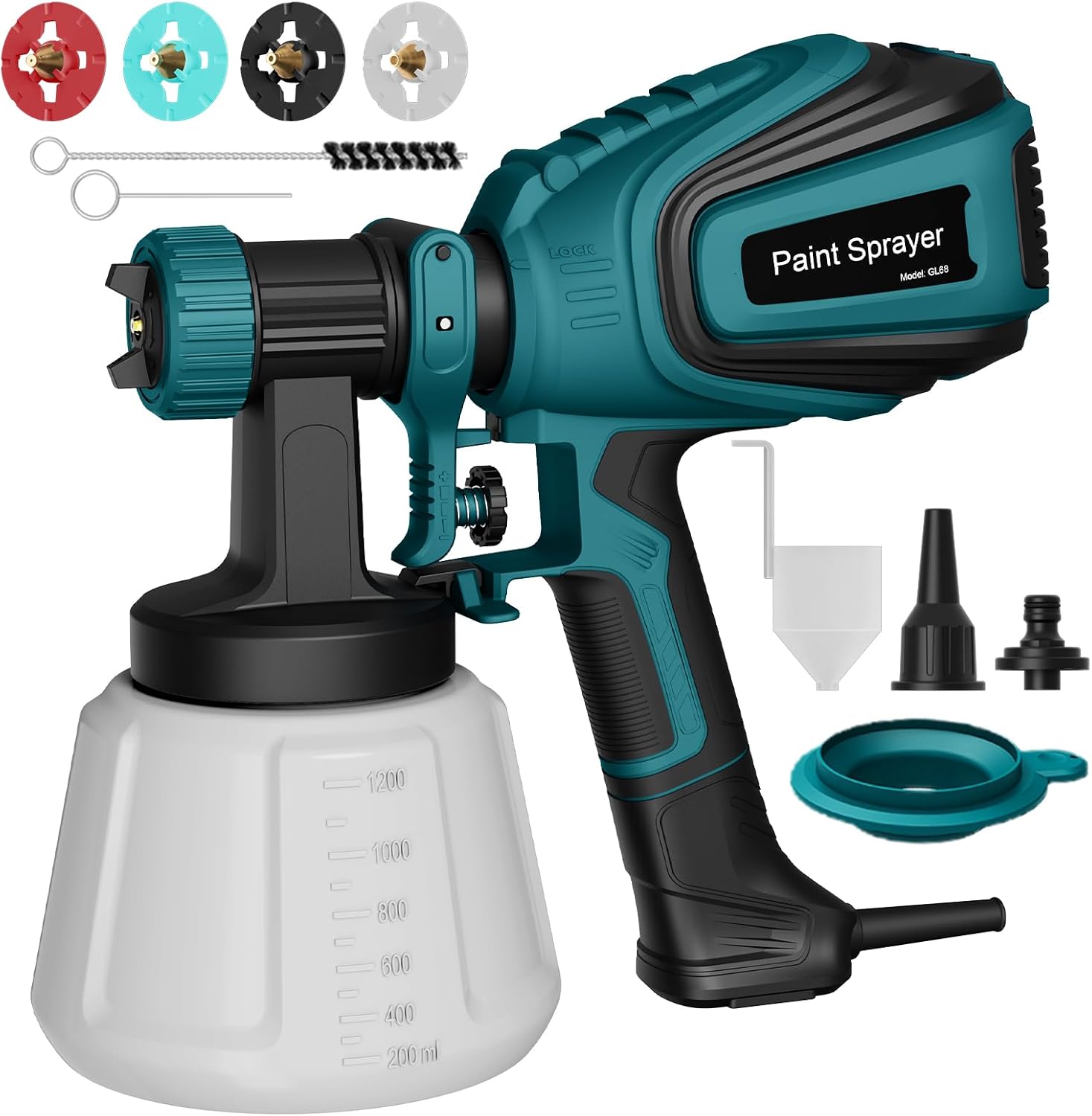 Paint Sprayer, 700W HVLP Electric Spray Gun, 1200ML Container, 1000 Ml/Min with Cleaning & Blowing Joints, 4 Nozzles & 3 Patterns, Adjustable Flow, for Home, Furniture, Walls & Fence, etc.