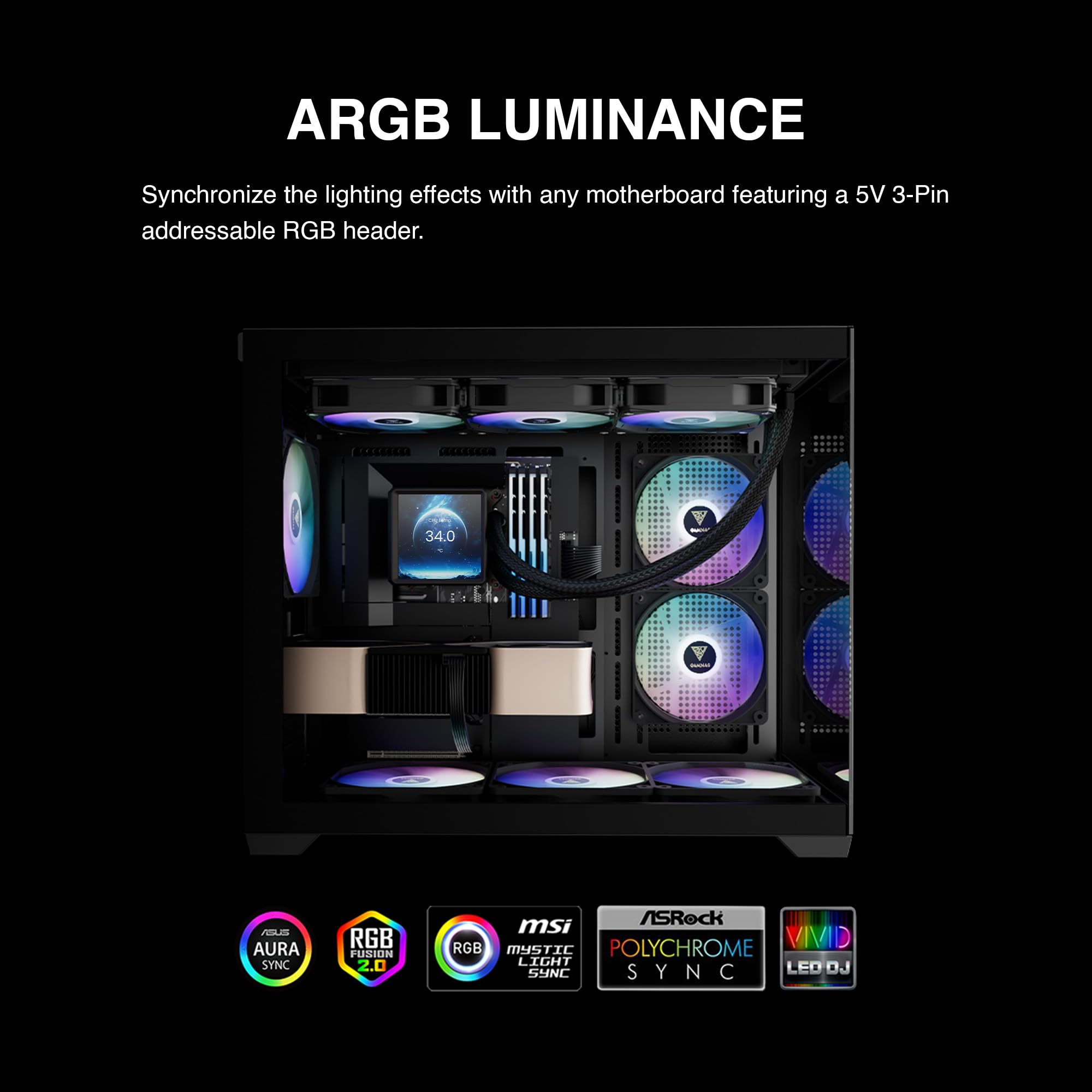 GAMDIAS AURA GL240 LCD 240mm AIO Liquid CPU Cooler, Customizable 4'' IPS LCD Display, Cableless Daisy Chained Fan, Software Ready, Support Low-Noise PWM & ARGB Sync, Intel LGA 1851/1700；AMD AM5, Black