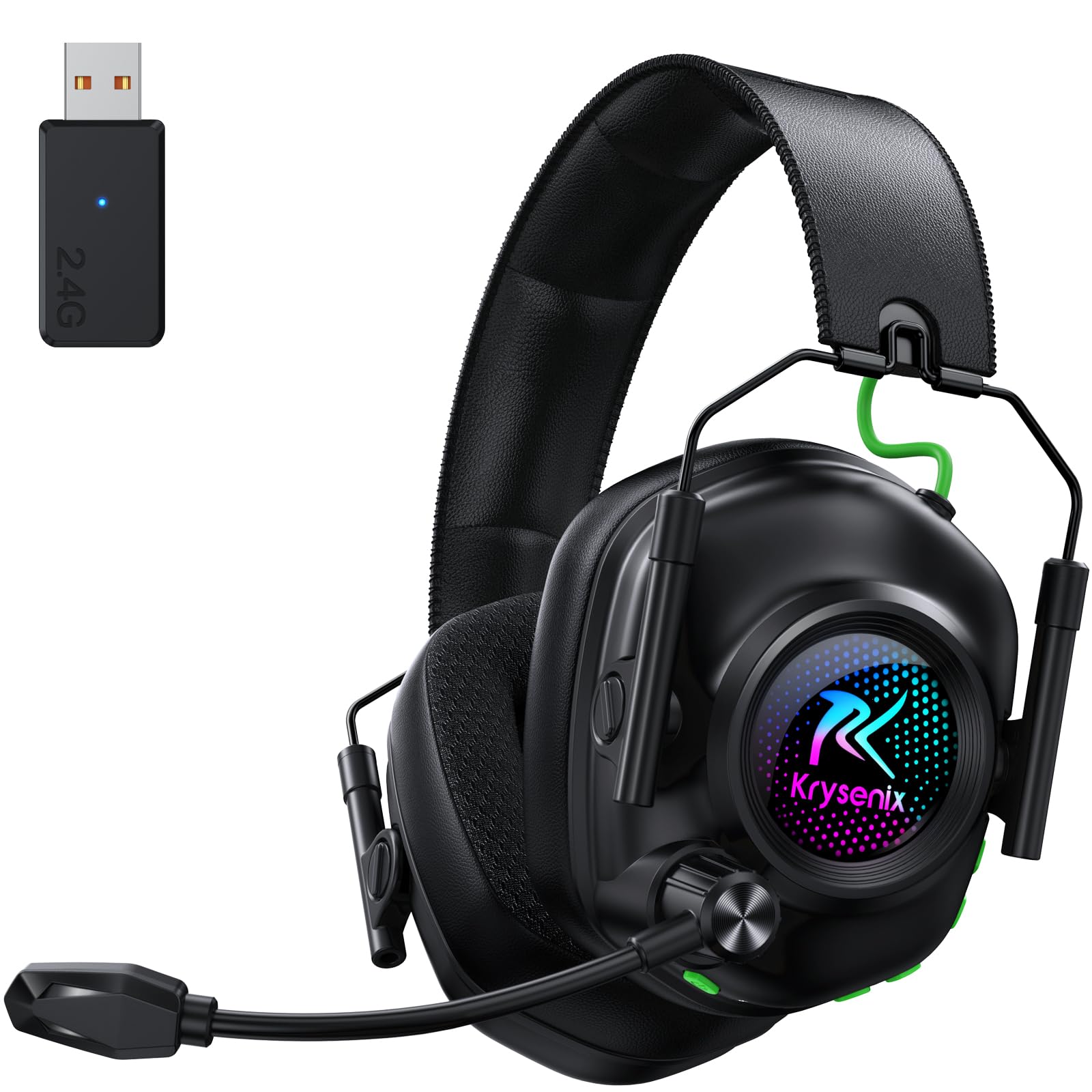 Krysenix KGH2 Wireless Gaming Headset for PS5, PS4, PC, Switch, 2.4GHz Bluetooth Wireless Headphones with Mic, Gaming & Music Dual Mode, ENC, Foldable, Cool LED, 40+ Hrs Battery, White Black
