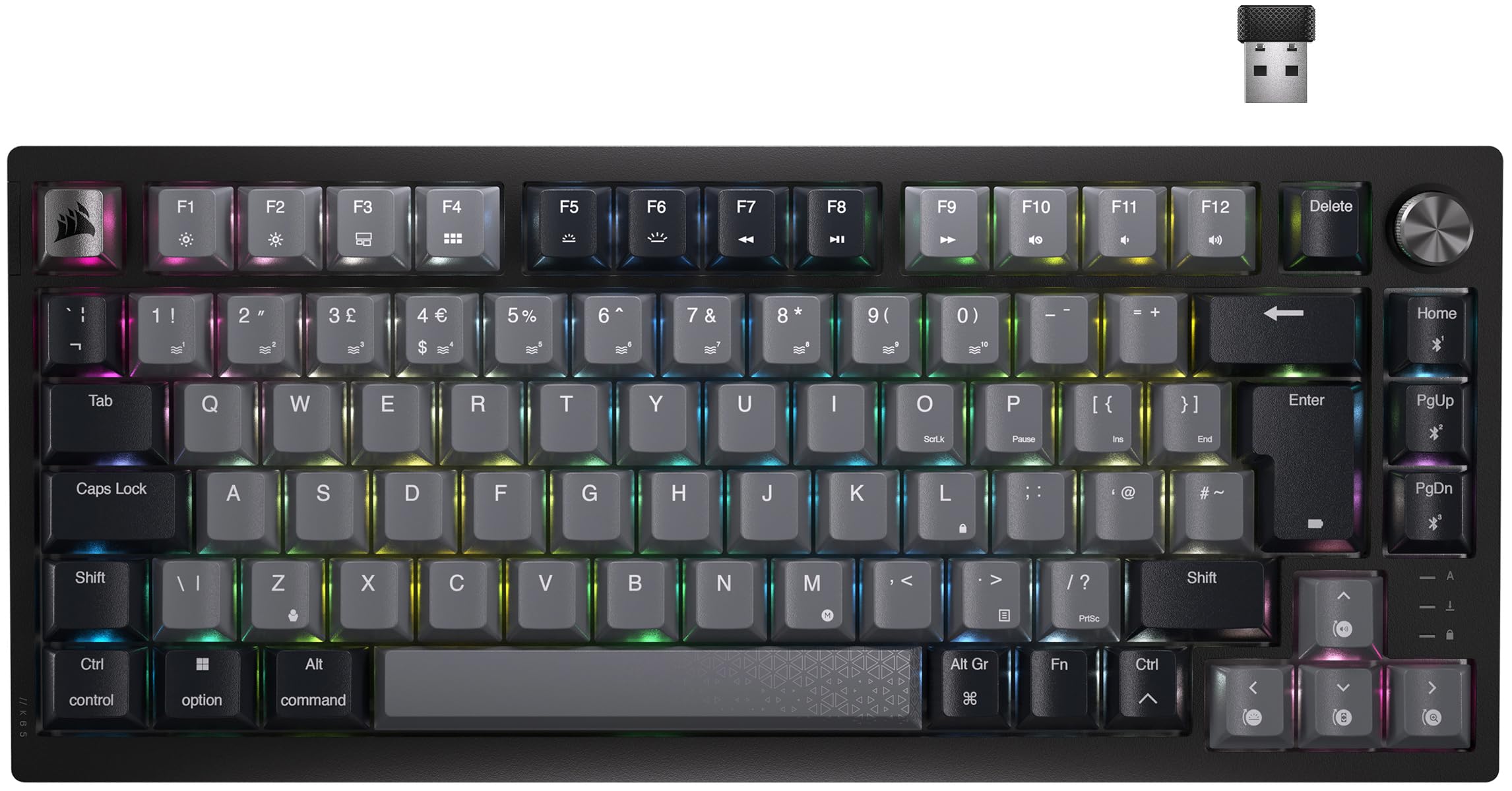 Corsair K65 PLUS WIRELESS 75% RGB Hot-Swappable Mechanical Gaming Keyboard – Pre-Lubricated MLX Fusion Tactile Switches – Dual-Layer Sound Dampening – PBT Keycaps – QWERTY UK – Black