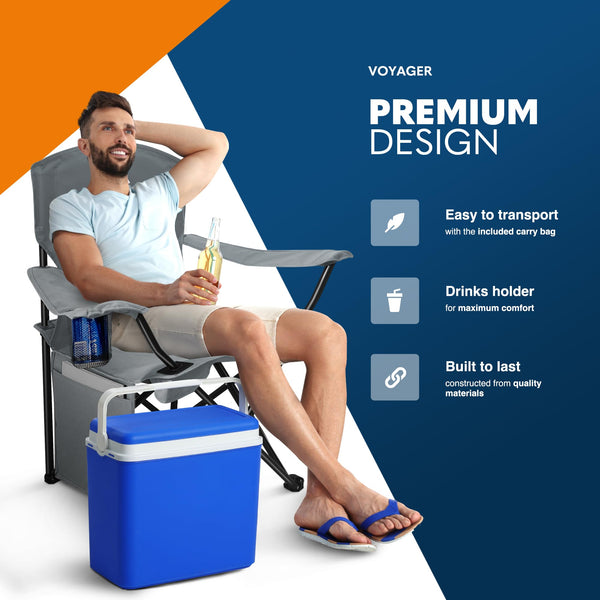 Voyager Folding Camping Chairs 2 Pack with Cooler Bag, Lightweight Q195 Steel Frame, 600D Oxford Fabric, Portable & Comfortable - Black (Black, Padded)