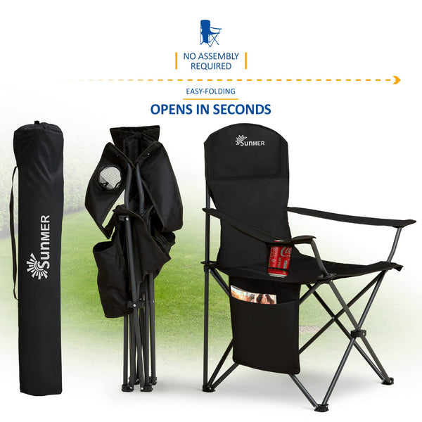 SUNMER Set of 2 Folding Camping Chairs, Extra-Wide Lightweight Outdoor Chairs with Armrests, Cup Holder and a Side Pocket, 120kg Capacity per Chair - Black