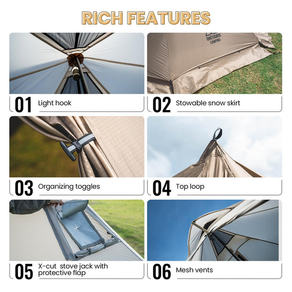 OneTigris Smokey HUT Hot Tent with Stove Jack, Ultralight 4 Season Tipi Tent with Snow Skirt & Detachable Floor for Camping, Hiking, Bushcraft, Backpacking