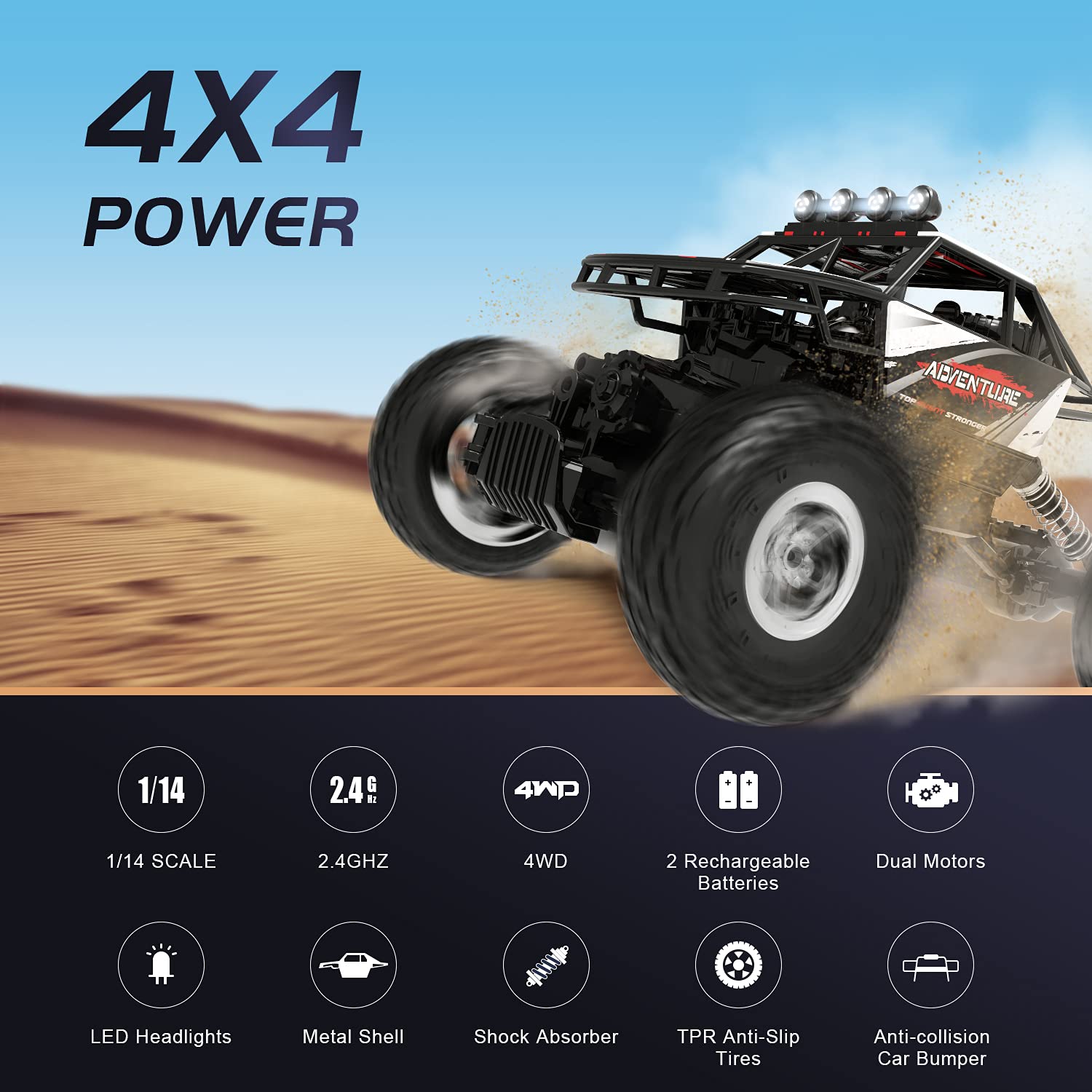 DEERC RC Cars Remote Control Car 1:14 Off Road Monster Truck,Metal Shell 4WD Dual Motors LED Headlight Rock Crawler,2.4Ghz All Terrain Hobby Truck with 2 Batteries for 90 Min Play,Boy Adult Gifts