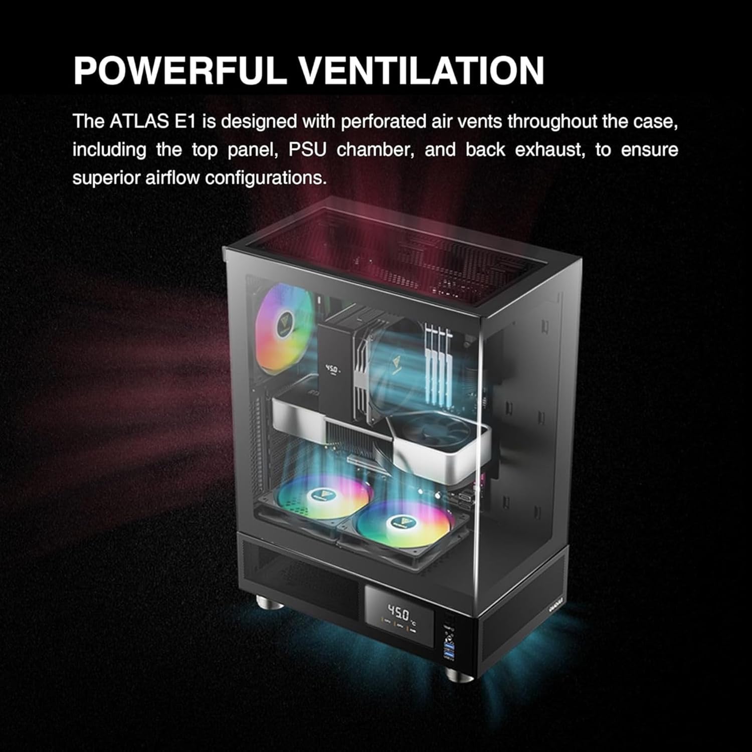GAMDIAS ATLAS E1 Gaming ATX Mid Tower Computer PC Case, Customizable Digital Monitor w/ Software, 3 x 120mm ARGB Fans, Panoramic Tempered Glass Display, Perforated Airflow Vent PSU Chamber, Black
