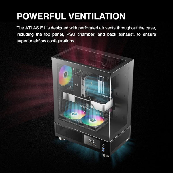 GAMDIAS ATLAS E1 Gaming ATX Mid Tower Computer PC Case, Customizable Digital Monitor w/ Software, 3 x 120mm ARGB Fans, Panoramic Tempered Glass Display, Perforated Airflow Vent PSU Chamber, Black