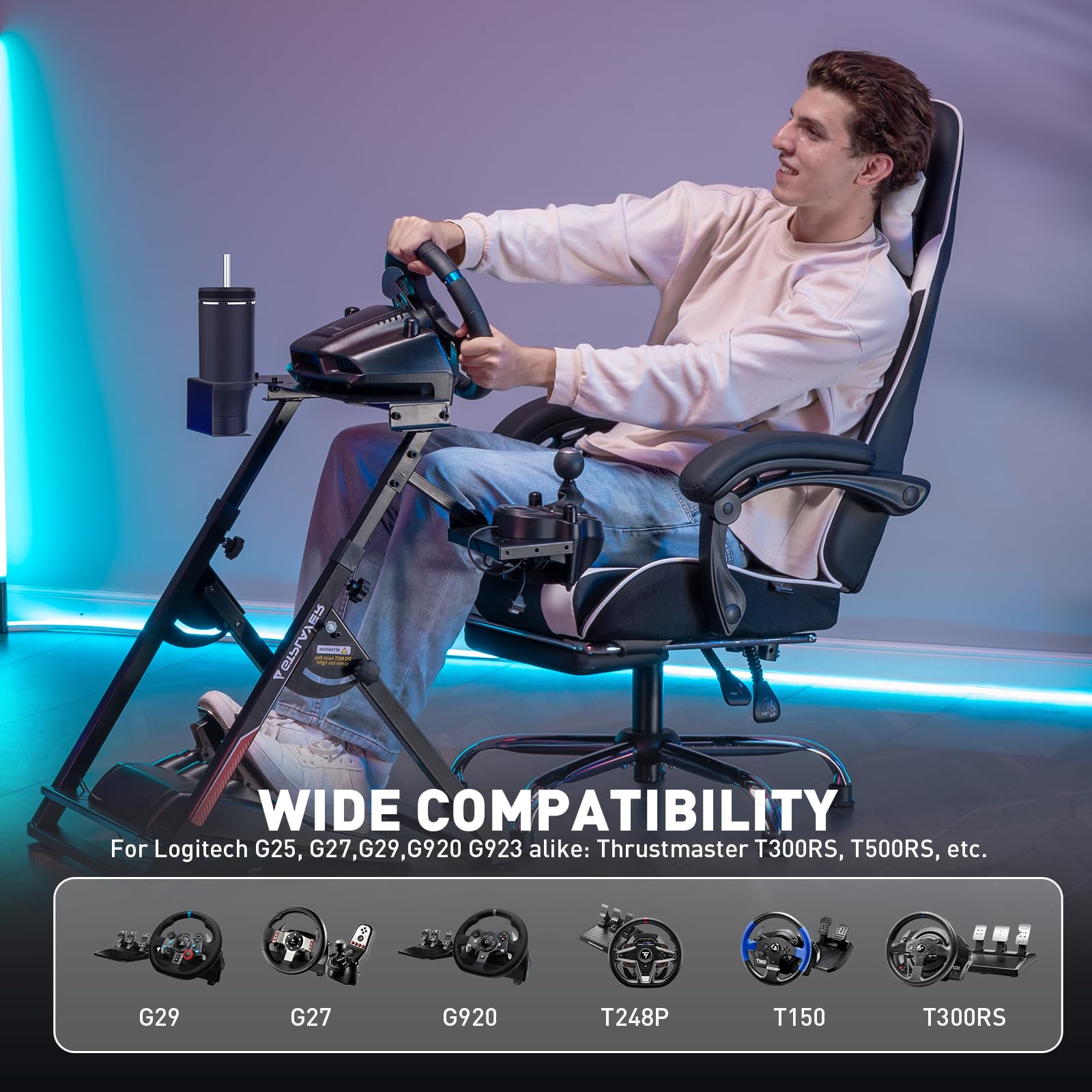 GTPLAYER Steering Wheel Stand for G25 G27 G29 G920 Foldable Racing Wheel Stand with Cup Holder Adjustable Height/Angle, Driving Simulator Gaming Wheel Stand