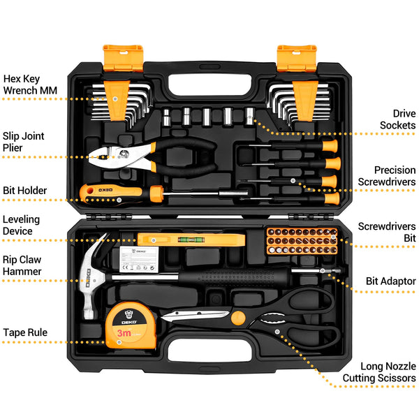 DEKO Tool Kit Set Box 62 Piece Home Repair DIY Tools Basic Hand Toolbox Sets for Home