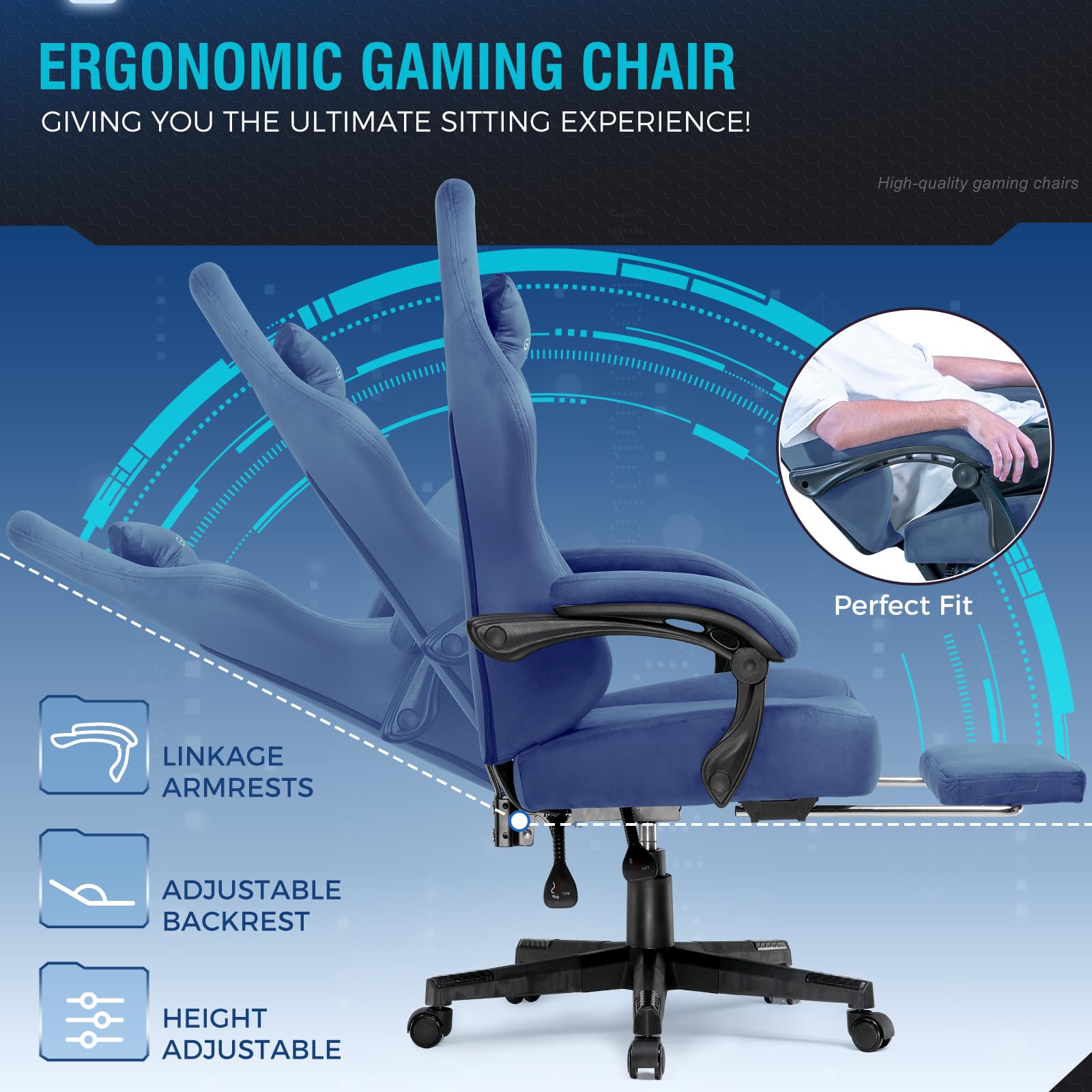 GTPLAYER Fabric Gaming Chair, Ergonomic Computer Chair with Footrest and Lumbar Support Height Adjustable Home Office with 360°-Swivel Seat and Headrest