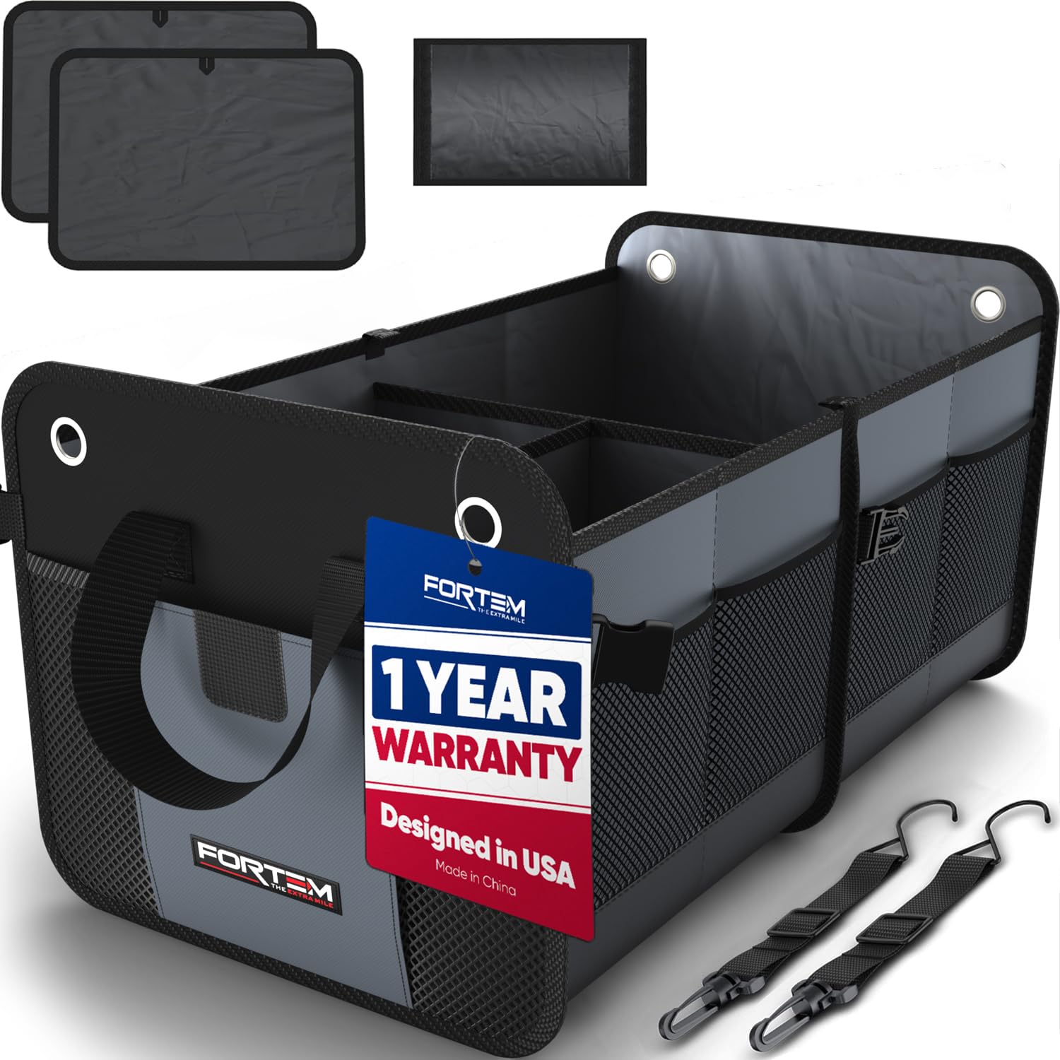 FORTEM Car Boot Organiser, SUV Boot Tidy, Trunk Storage, Collapsible Multi Compartment Car Organiser, Non Slip Bottom, Adjustable Securing Straps, Foldable Cover (65L)