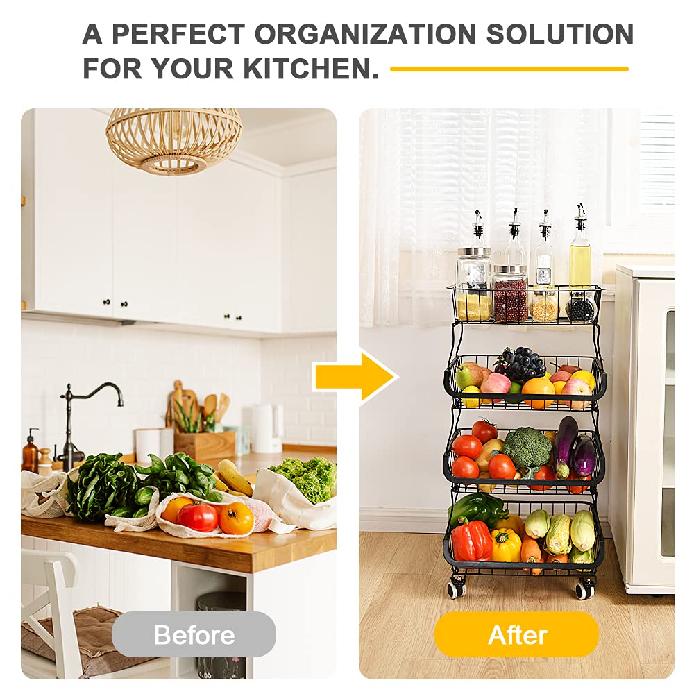 Fruit Vegetable Storage Basket Rack, 4 Tier Stackable Metal Wire Storage Baskets on Wheels, Fruit Vegetable Produce Basket Organizer Bins for Kitchen,