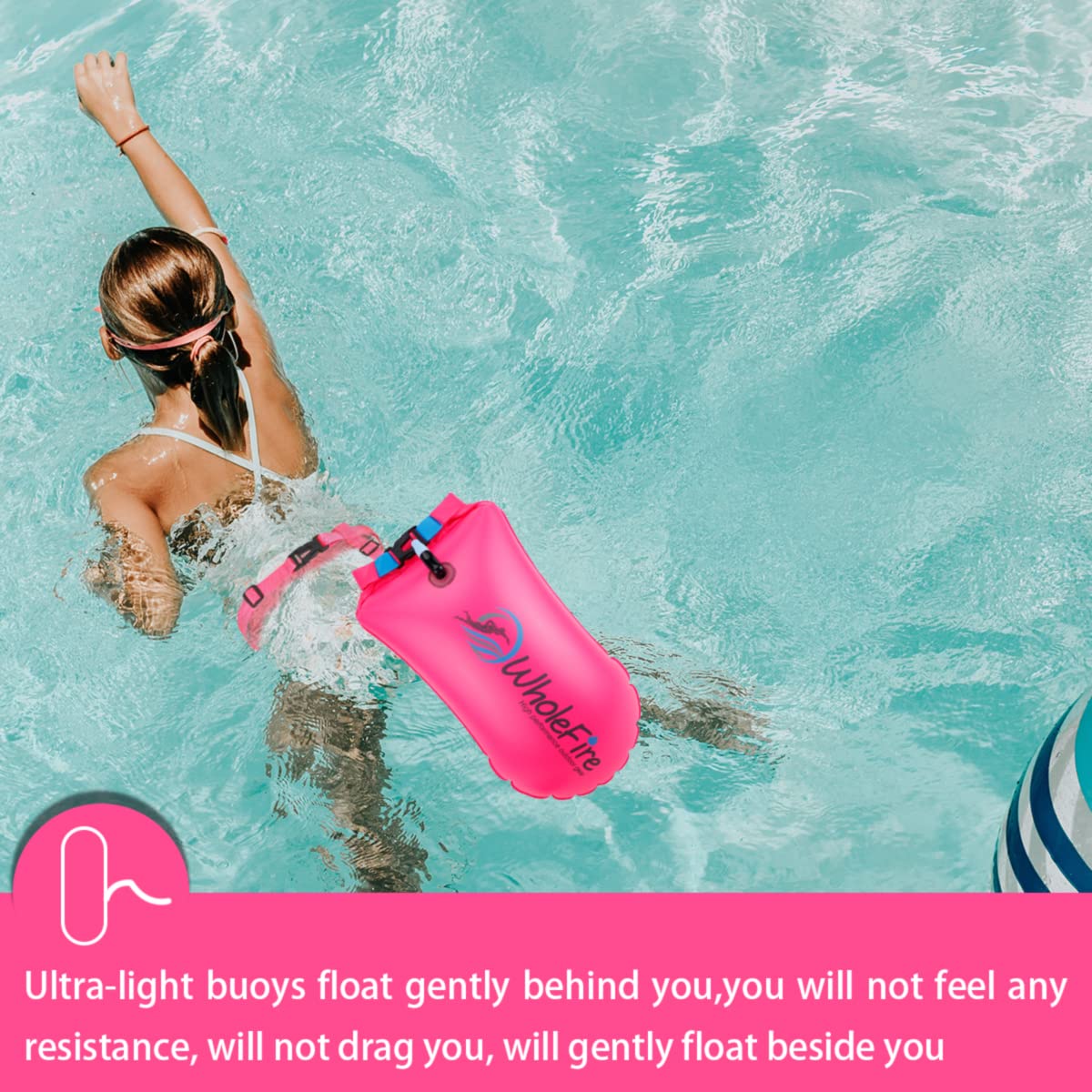 WholeFire 20L Swim Buoy Waterproof Inflatable Dry Bag Swim Safety Float for Water Sports, Open Water Swimmers, Triathletes, Kayakers and Snorkelers