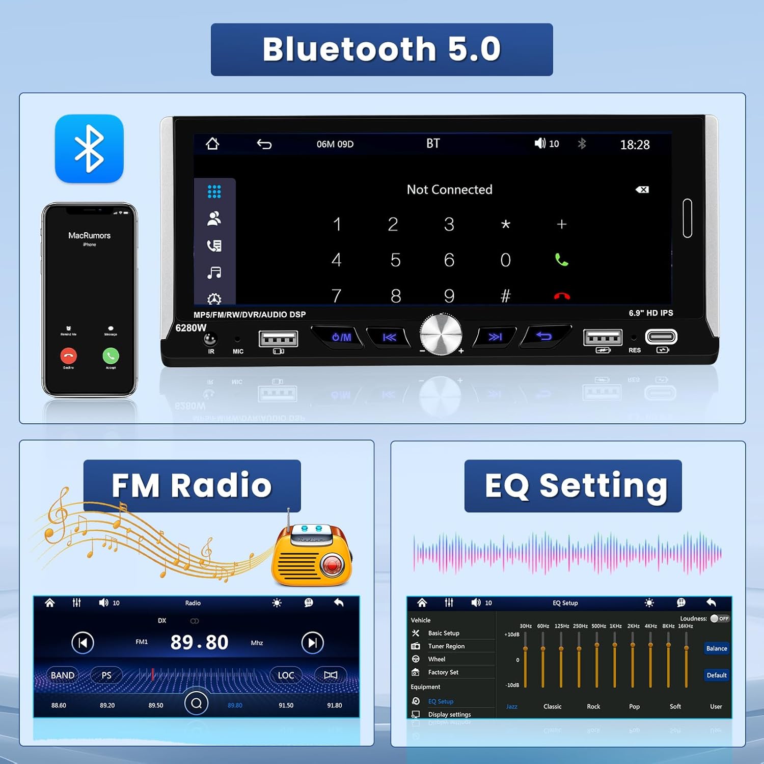 Hikity Single DIN 1DIN Car Stereo Wireless CarPlay & Android Auto 6.9 Inch Touchscreen Car Radio with Bluetooth 5.1 FM Dual USB Ports Type-C + Backup Camera + Remote Control + MIC