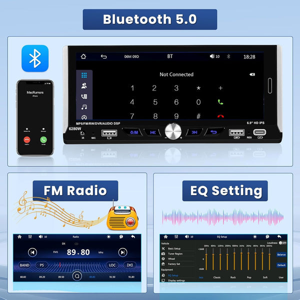 Hikity Single DIN 1DIN Car Stereo Wireless CarPlay & Android Auto 6.9 Inch Touchscreen Car Radio with Bluetooth 5.1 FM Dual USB Ports Type-C + Backup Camera + Remote Control + MIC