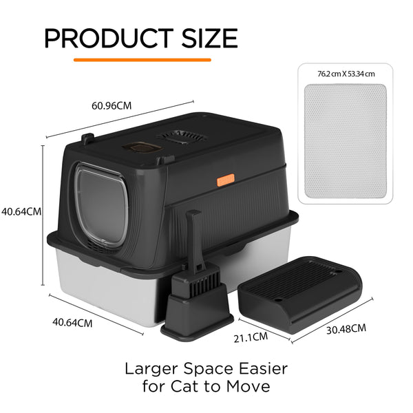 Citylife XL Stainless Steel Cat Litter Box with Lid, Extra Large Enclosed Removable Metal Litter Tray with Litter Scoop&Double Layer Litter Mat, Non-Sticky, Non-Odor, Easy Cleaning, for Big Cats