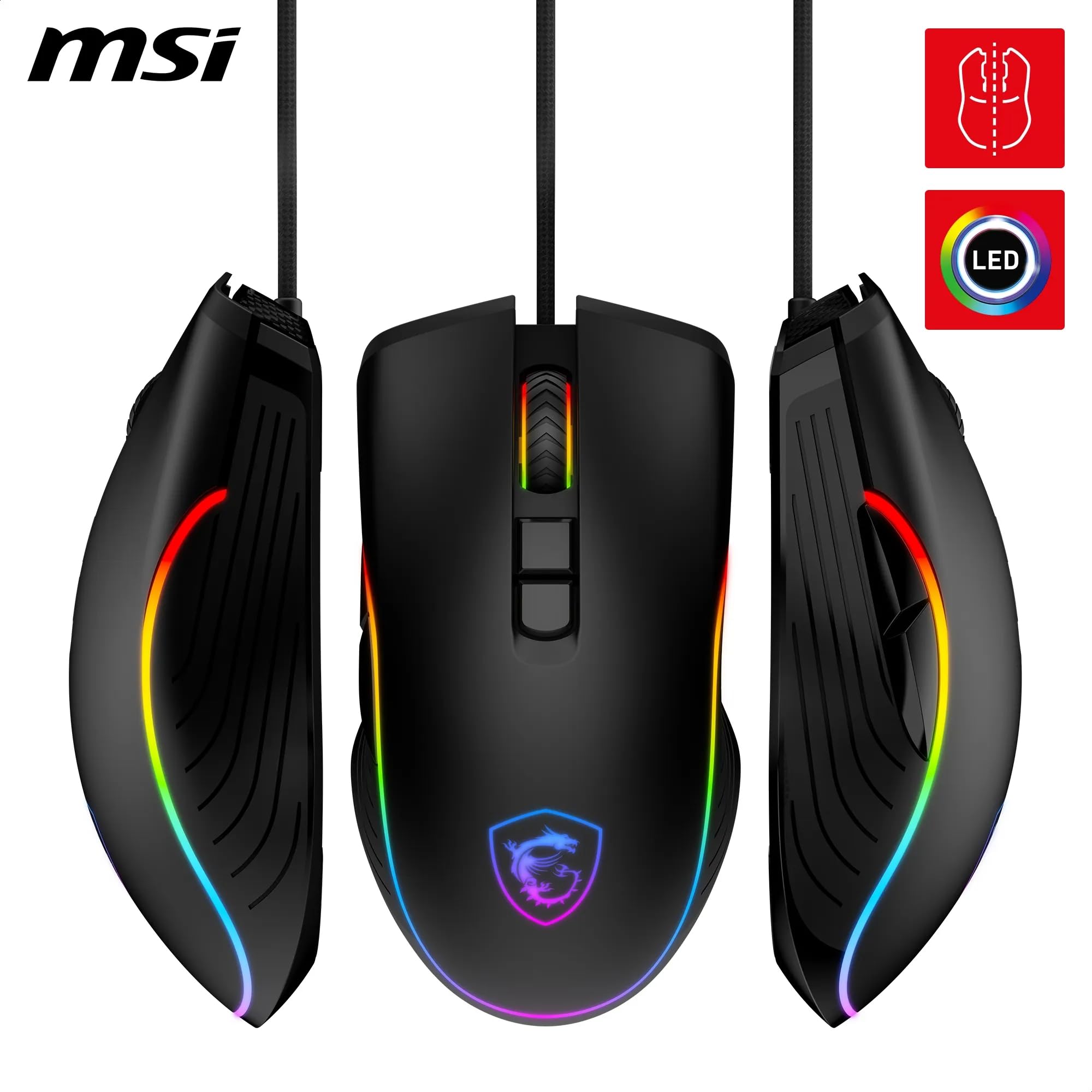 MSI CLUTCH GM51 LIGHTWEIGHT Gaming Mouse - 26000 DPI Optical Sensor, Elite 0.125ms Latency, 60M+ Click OMRON Switches, 6-Buttons, FriXionFree Cable, RGB Diamond LightGrips, 75g - Wired