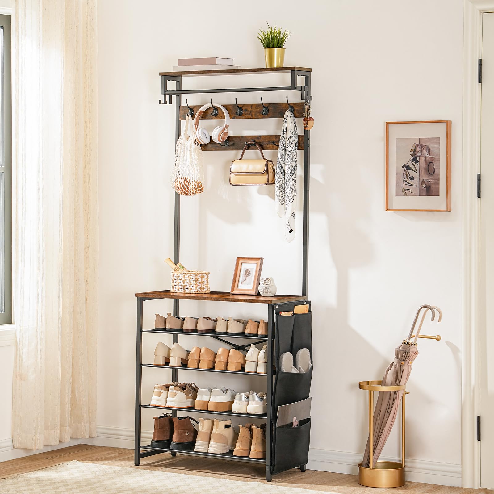 HOOBRO Coat Stand, Coat Rack with Shoe Storage, Hall Tree with Tiltable Mesh Shelves, 4 Removable Hooks, Side Storage Pocket, Shoe and Coat Rack for