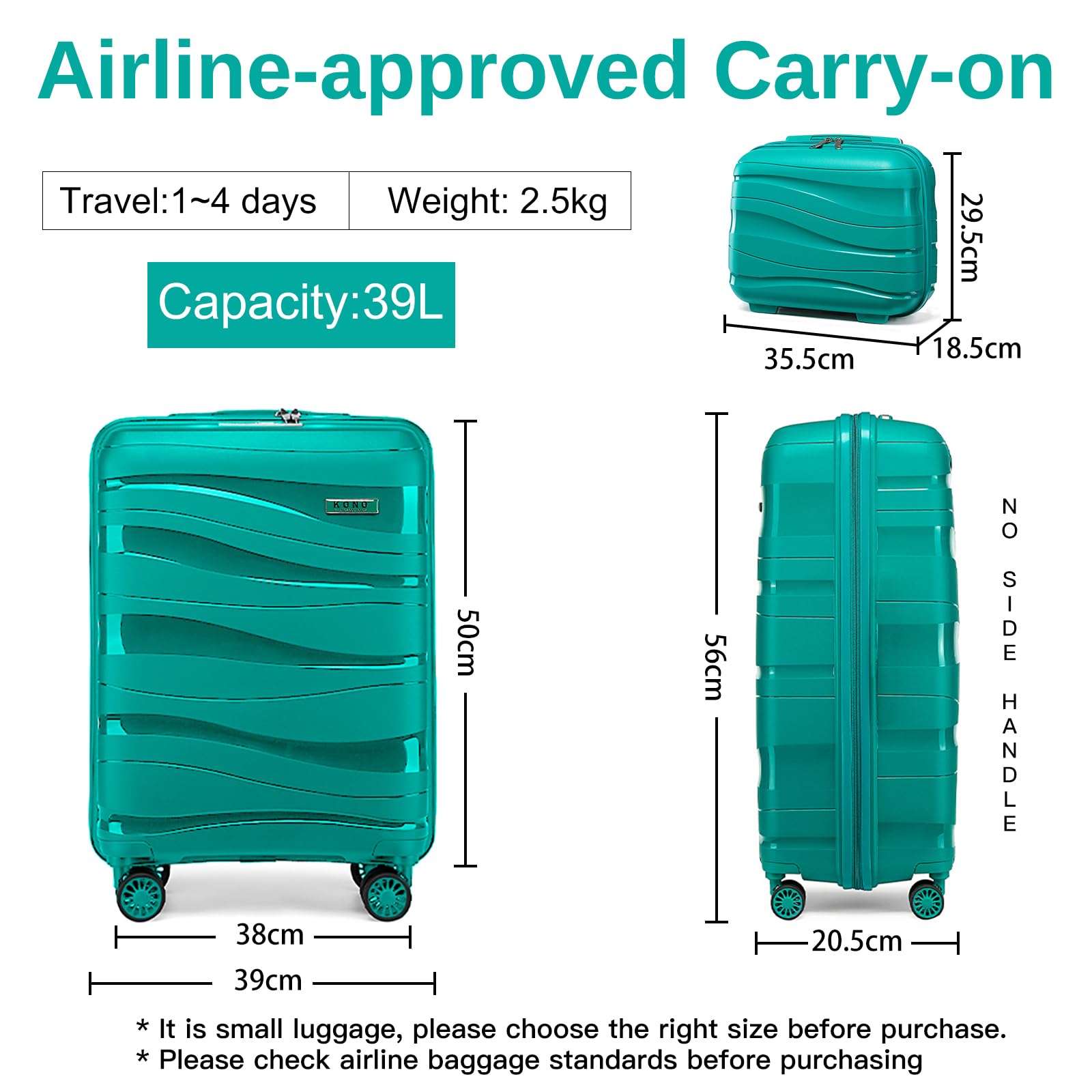 Kono Luggage Sets of 2 Piece Lightweight Polypropylene Hard Shell Suitcase with TSA Lock Spinner Wheels Travel Carry On Hand Cabin Luggage with Beauty Case (Set of 2, Black)