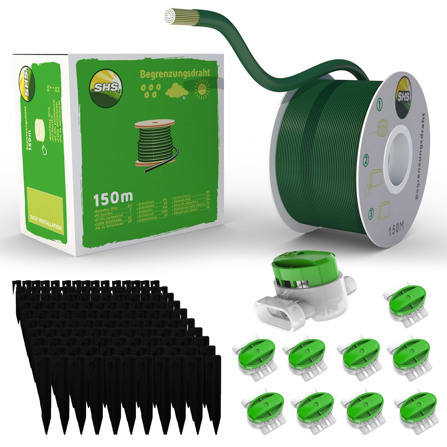 150 m Boundary Cable + 450 Ground Spikes + 10 Cable Connectors for Robotic Lawnmowers, Accessory Set, Boundary Wire for Search Cables, Compatible with