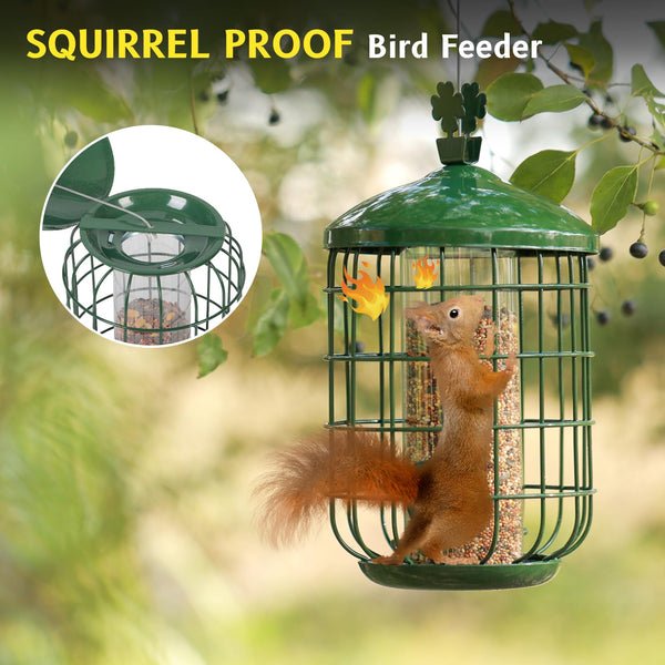 MIXXIDEA Metal Bird Feeders for Outdoors Hanging, Caged Tube Bird Feeder for Small Backyard Birds, Squirrel Proof Wild Bird Seed Feeders, Attracting Birds in Your Lawn, Garden,Green