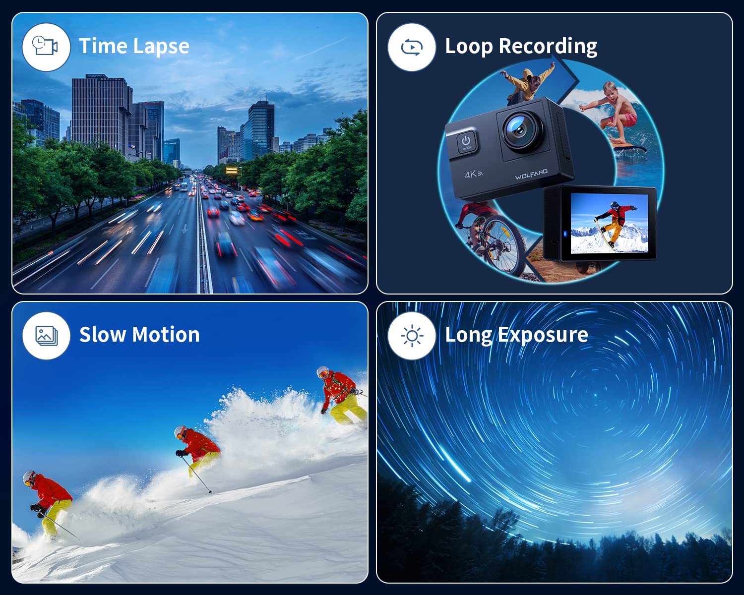 WOLFANG Action Camera 4K 60FPS 24MP GA300, WiFi 8X Zoom EIS Vlogging Camera, 40M Waterproof Underwater Camera for Snorkeling, External Mic, Remote Control and Helmet Accessories Kit for Cycling