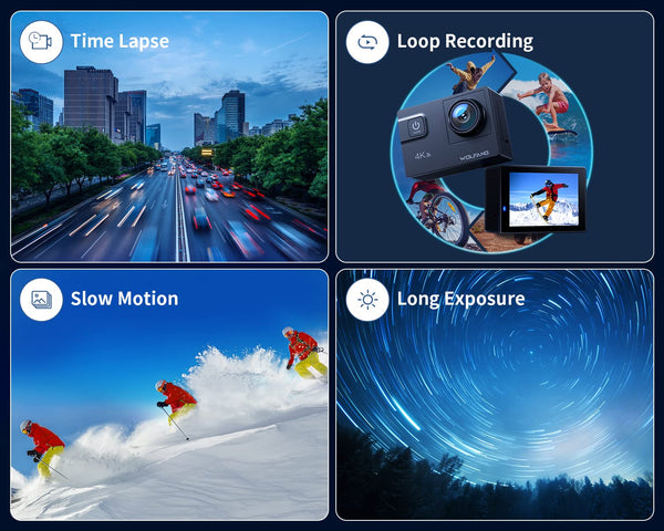 WOLFANG Action Camera 4K 60FPS 24MP GA300, WiFi 8X Zoom EIS Vlogging Camera, 40M Waterproof Underwater Camera for Snorkeling, External Mic, Remote Control and Helmet Accessories Kit for Cycling