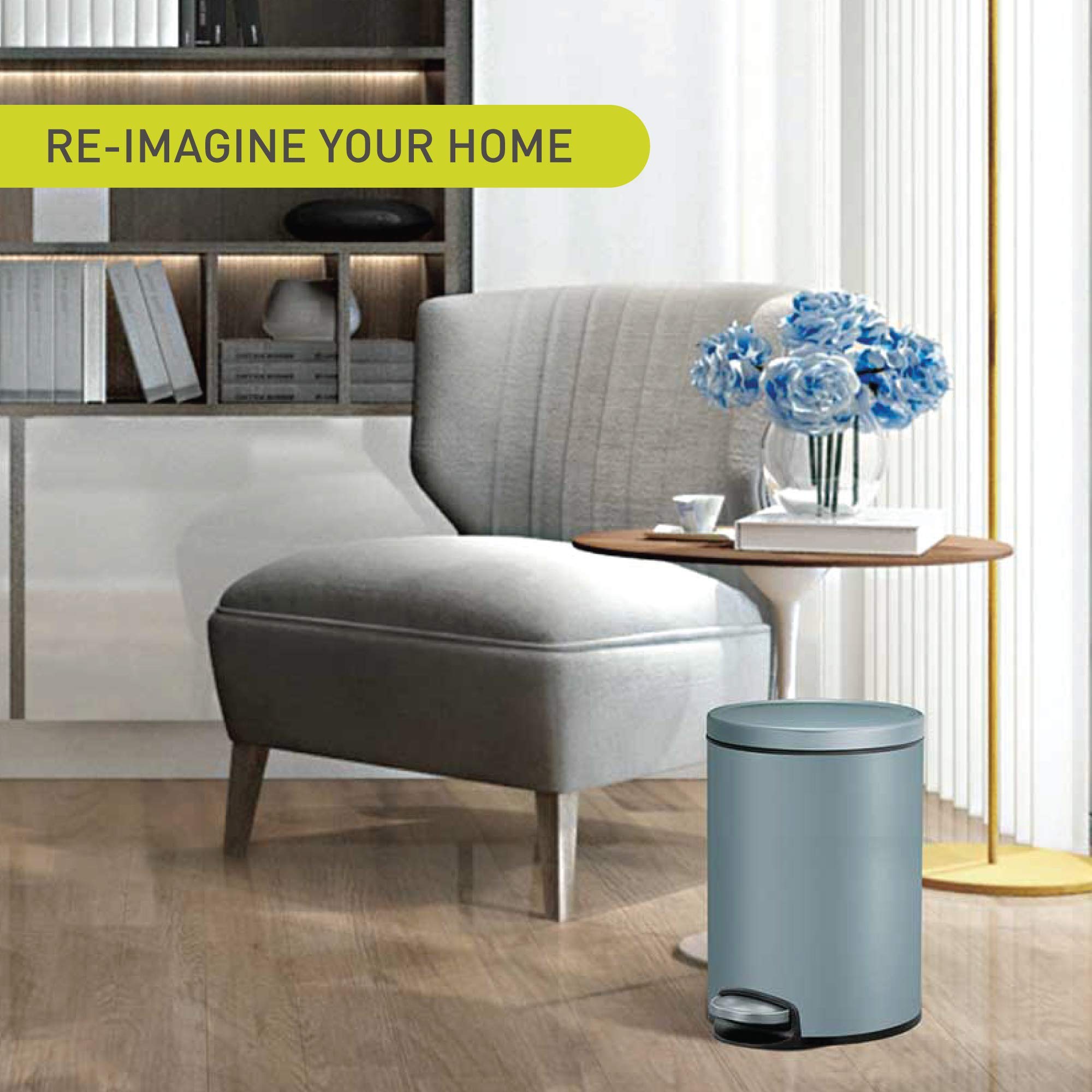 EKO Eva Pedal Bathroom Bin 5 Litres, Rubbish Bin with Soft Close Lid, Removable Inner Bucket, Perfect for Bathroom, Bedroom & Home, Titanium Blue
