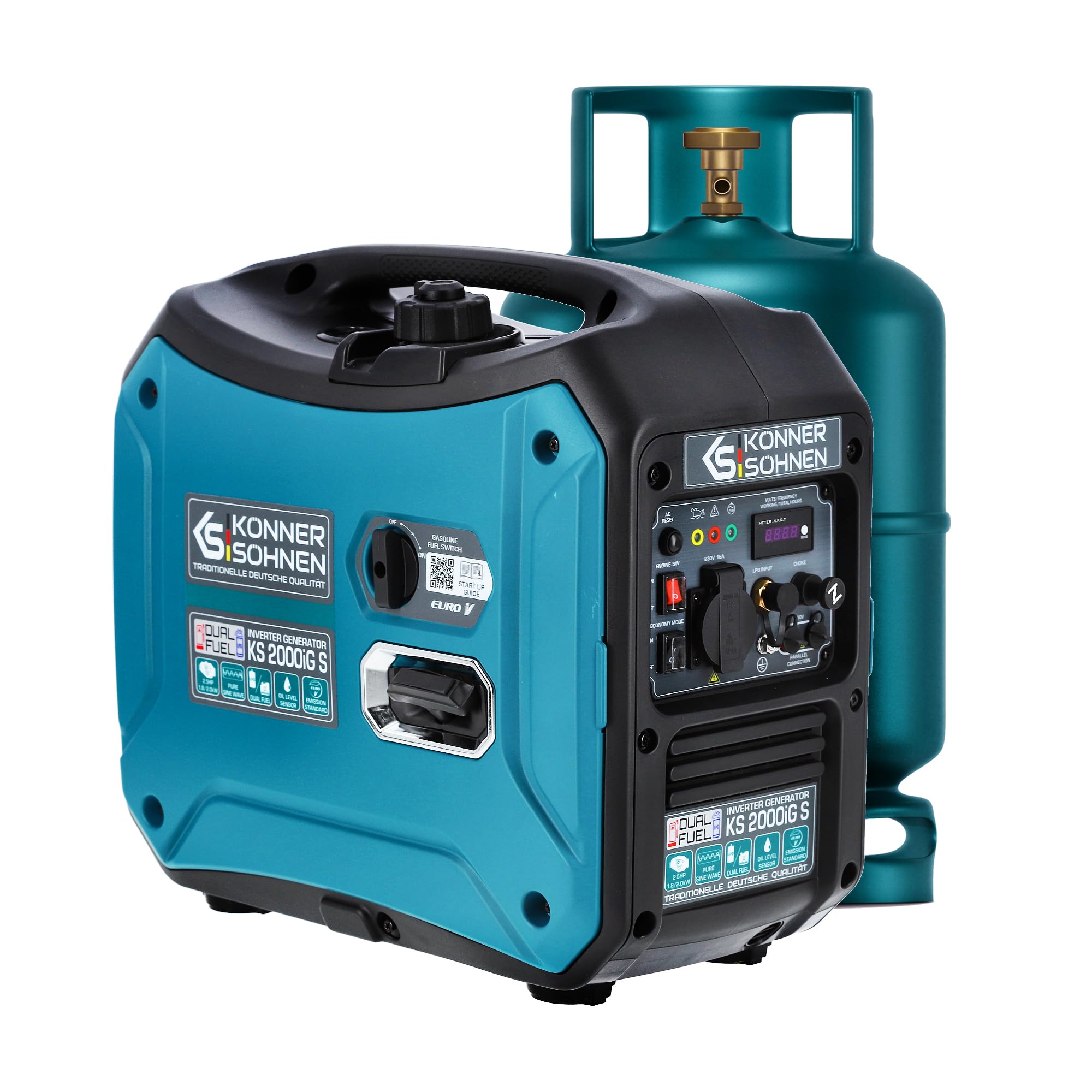 Könner & Söhnen KS 3100iG S portable LPG/petrol inverter generator 3100 W,UK Plug Socket 1x13 A (230 V), 2 USB ports,copper winding,silent inverter generator,dual fuel generator