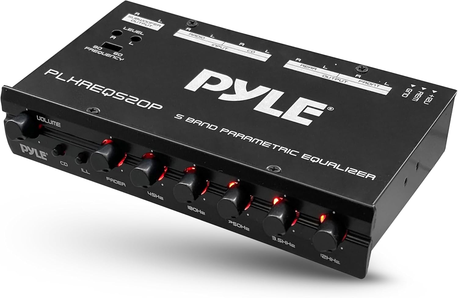 Pyle Car Audio Equalizer, Half-DIN 5-Band Parametric Equalizer with Subwoofer Gain Control, RCA AUX Input, Preamp Outputs, Fader, Adjustable Frequency, LED Illumination, 12V Trigger (7” x 4” x 1”)