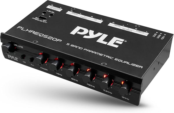 Pyle Car Audio Equalizer, Half-DIN 5-Band Parametric Equalizer with Subwoofer Gain Control, RCA AUX Input, Preamp Outputs, Fader, Adjustable Frequency, LED Illumination, 12V Trigger (7” x 4” x 1”)