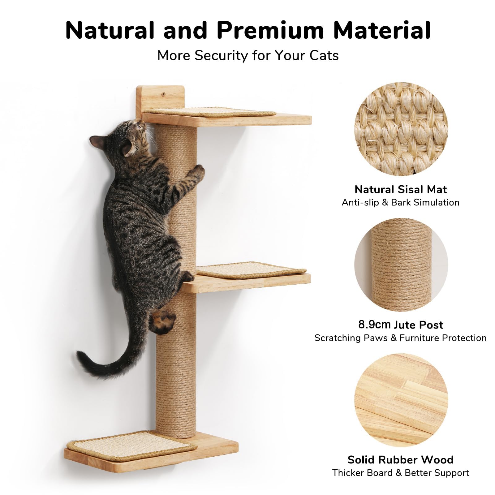 FUKUMARU Cat Climbing Shelf Wall Mounted, Natural Rubber Wood Material, Cat Stairway with Jute Scratching Post for Cats Perch Platform Supplies