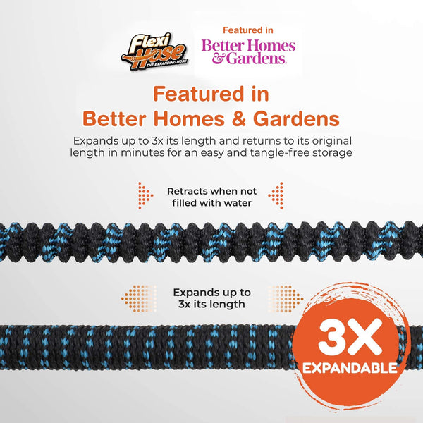 Flexi Hose Upgraded Expandable Garden Hose Pipe Including 8 Function Spray Gun Nozzle - Extra Strength with 2 cm Solid Brass Fittings - No-Kink Flexible Garden Hoses (Orange/Black 15 Metres)