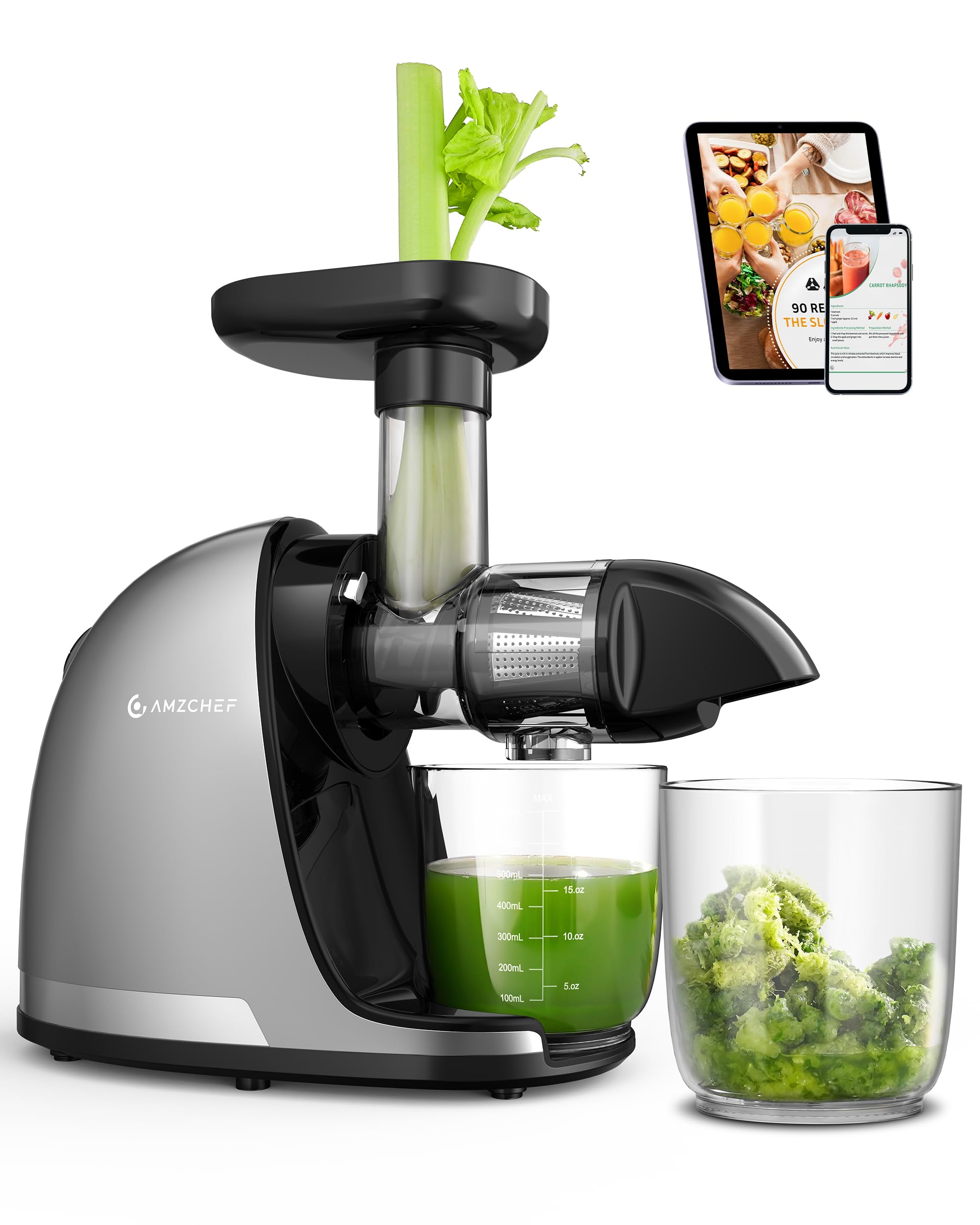 AMZCHEF Juicer Machines - Cold Press Juicer - Slow Masticating for Whole Fruits and Vegetables - Delicate Chew No Need to Filter - No BPA Juice Extractor with 2 Cups and Brush - Green