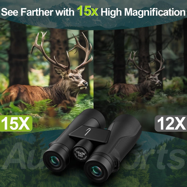 15x56 Binoculars for Adults High Powered - Aurosports HD Large View Binocular with Clear Low Light Vision - Lightweight Easy Focus Binos Bird Watching Hunting Hiking Cruise Travel - Black