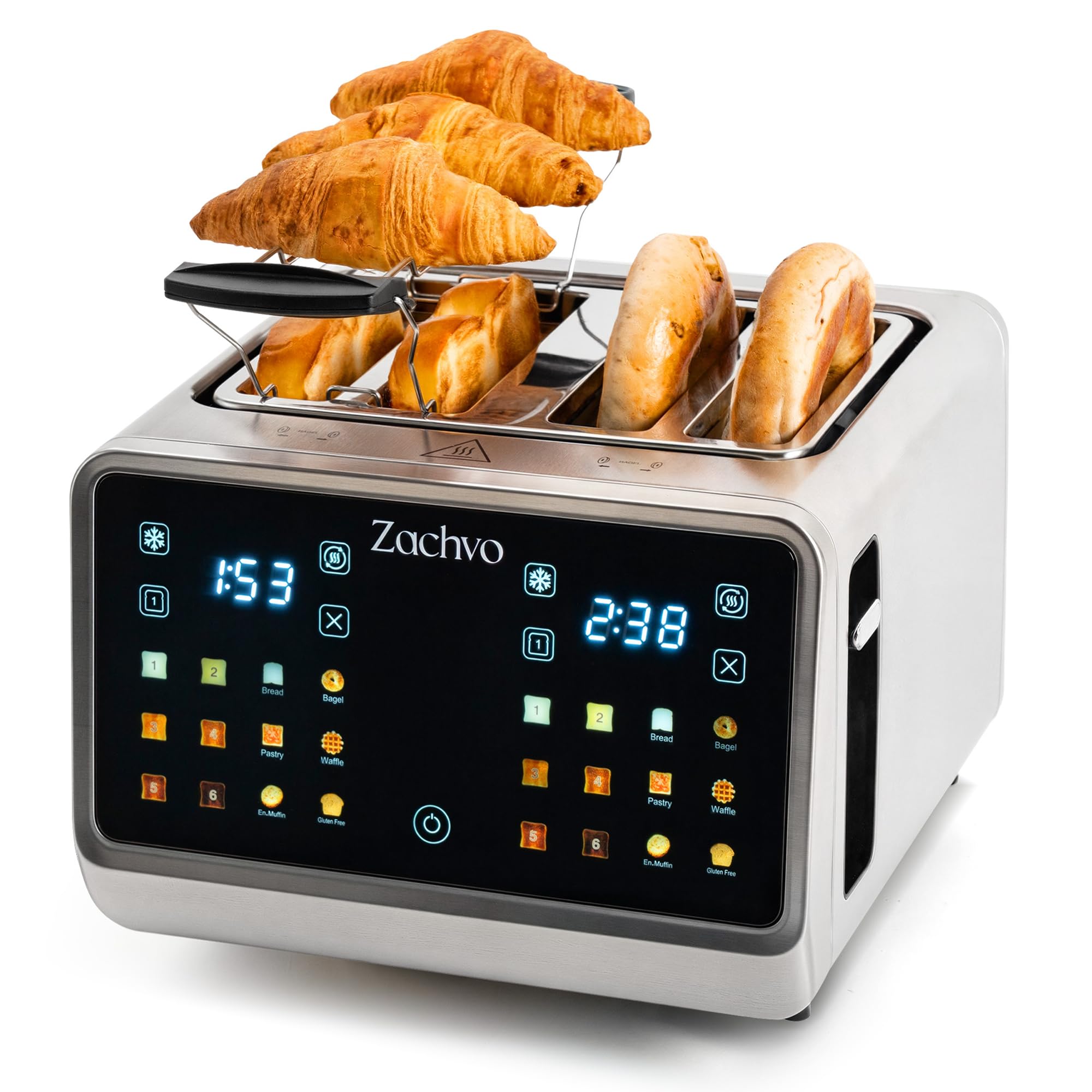 ZACHVO Toaster 4 Slice with Independent Dual Controls & Extra-Wide 1.45" Slots – Smart Touchscreen Toasters with 6 Browning Levels, Auto Shutoff, Defrost & Reheat, Sandwich Clip & Warming Rack