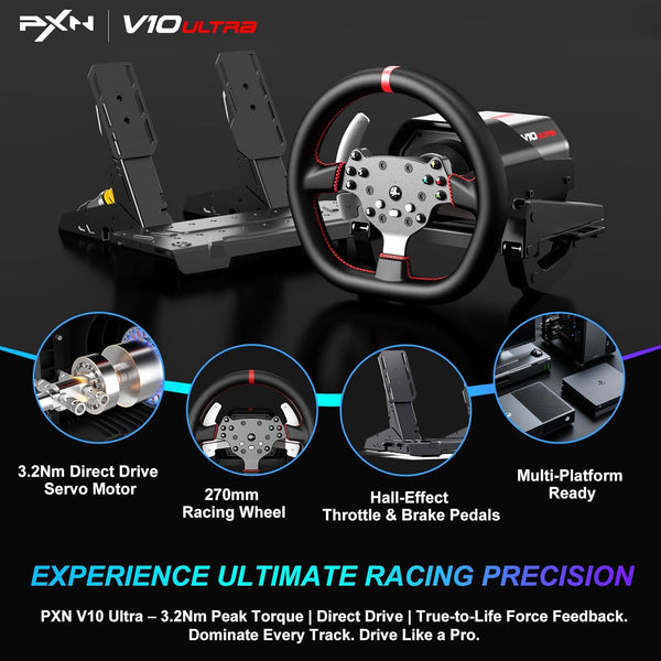 PXN V10 Ultra Direct Drive Gaming Steering Wheel with Pedals – 3.2Nm Force Feedback Servo Base, App Support, PD HM Throttle & Brake Pedals, 270mm Rim – Sim Racing Wheel for PC / PS4 / Xbox