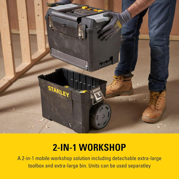 STANLEY Mobile Work Centre Toolbox, 2-in-1 Rolling Workshop with Stackable Units, Removable Toolbox, and Swivel Storage Carousel, 1-93-968