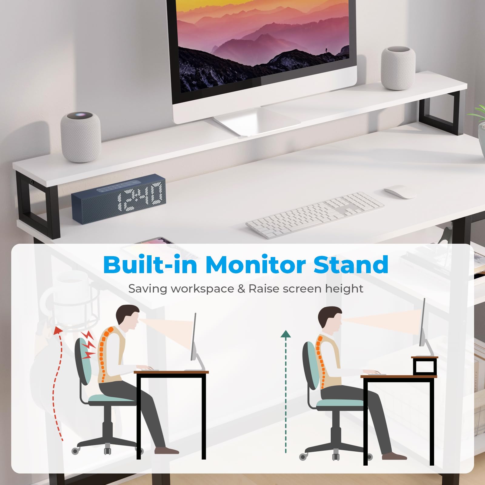 GreenForest Computer Desk with Full Monitor Stand,120 cm Home Office Desk with Reversible Storage Shelves,Small Study Desk with Headphone Hook and Cup