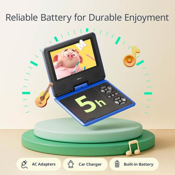 9.5" Portable DVD Player with 7.5" HD Swivel Screen for Car and Kids, 4-6 Hours Working time with Built-in Battery, Headphone/AV-IN/AV-OUT/USB/SD Card [Not Support Blu-ray]