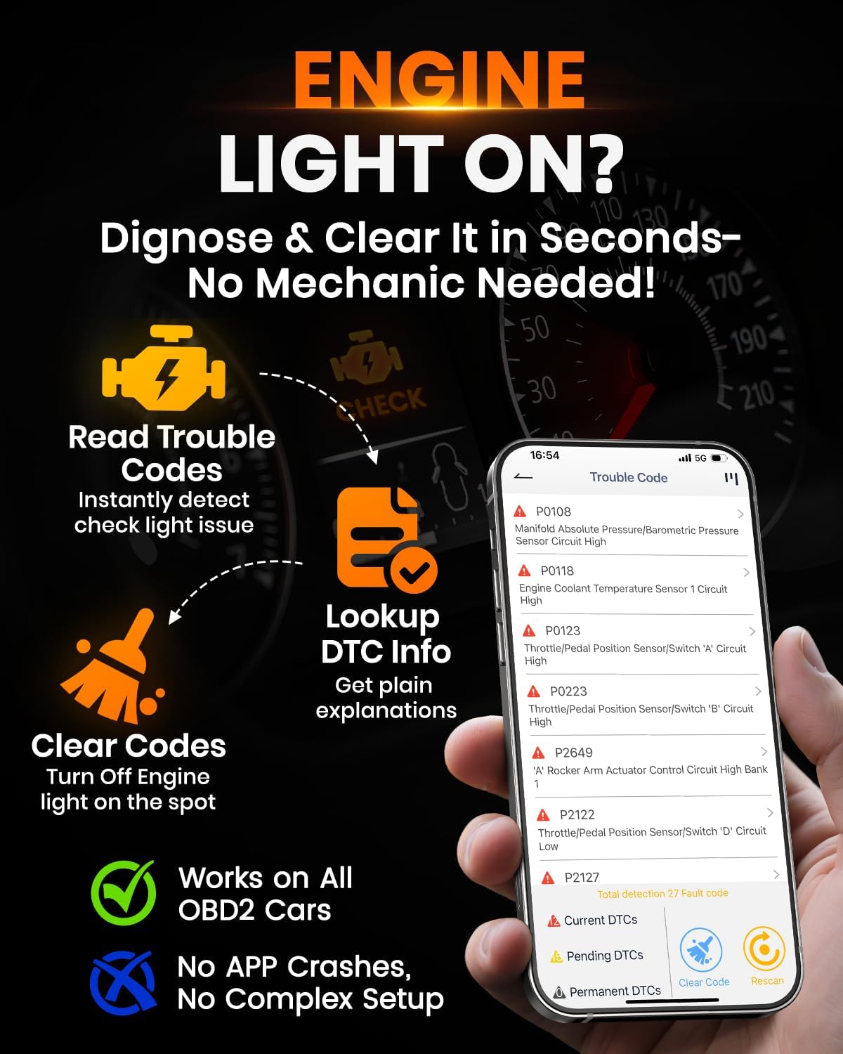 ANCEL BD310 OBD2 Scanner Bluetooth 5.0 : Upgraded 3-in-1 OBD2 Code Reader Diagnostic Tool, Check Engine Light, Battery Test, Professional iOS/Android App Support, Fits Post-1996 Vehicles.