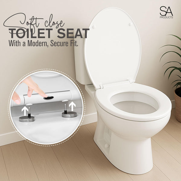 SA Products Quick Release Toilet Seat - with Soft Close & Quick Release Hinges for Easy Cleaning - Universal Bathroom Bowl Seating with Thermoset Lid, ABS Cylinder, Fixings - 44.1x36.5x5cm, White