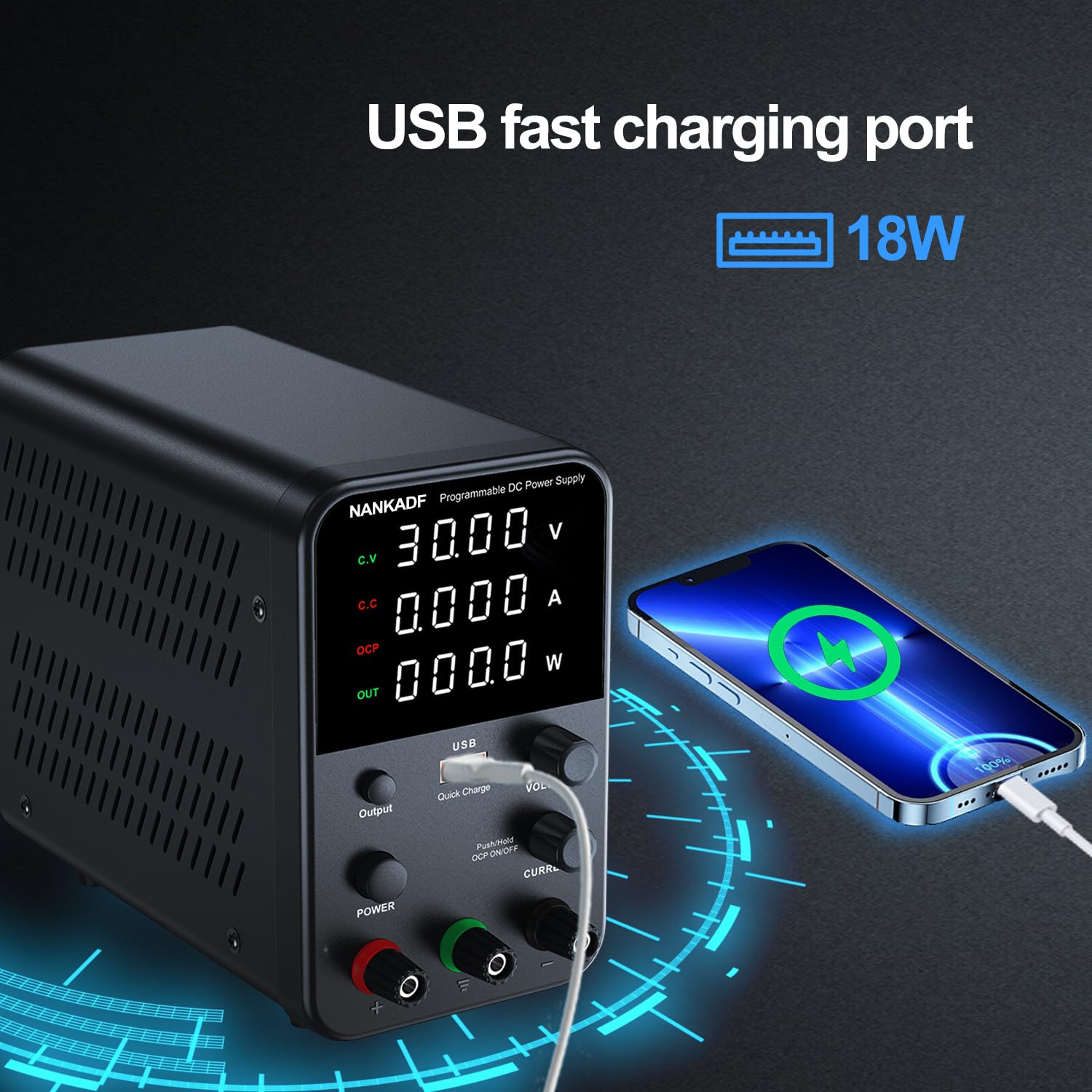 DC power supply (0-30V,0-10A) adjustable, switching power supplies, mini high precision 4-digit display with USB fast charging interface, variable lab bench power supply, output button/encoder knob