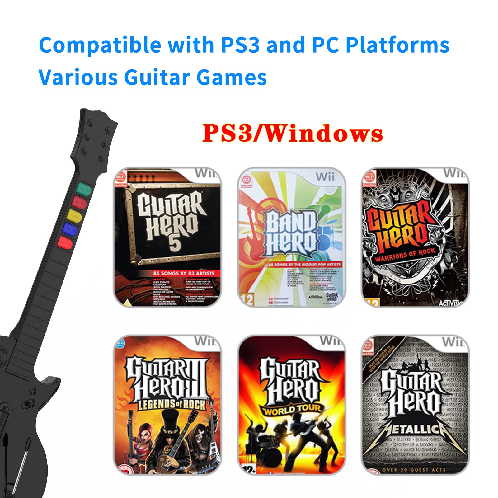 NBCP Wireless Guitar Controller for PC & PS3 - Guitar Hero 3/4/5 & Rock Band 1/2 Games - With Straps & Wireless Dongle, White